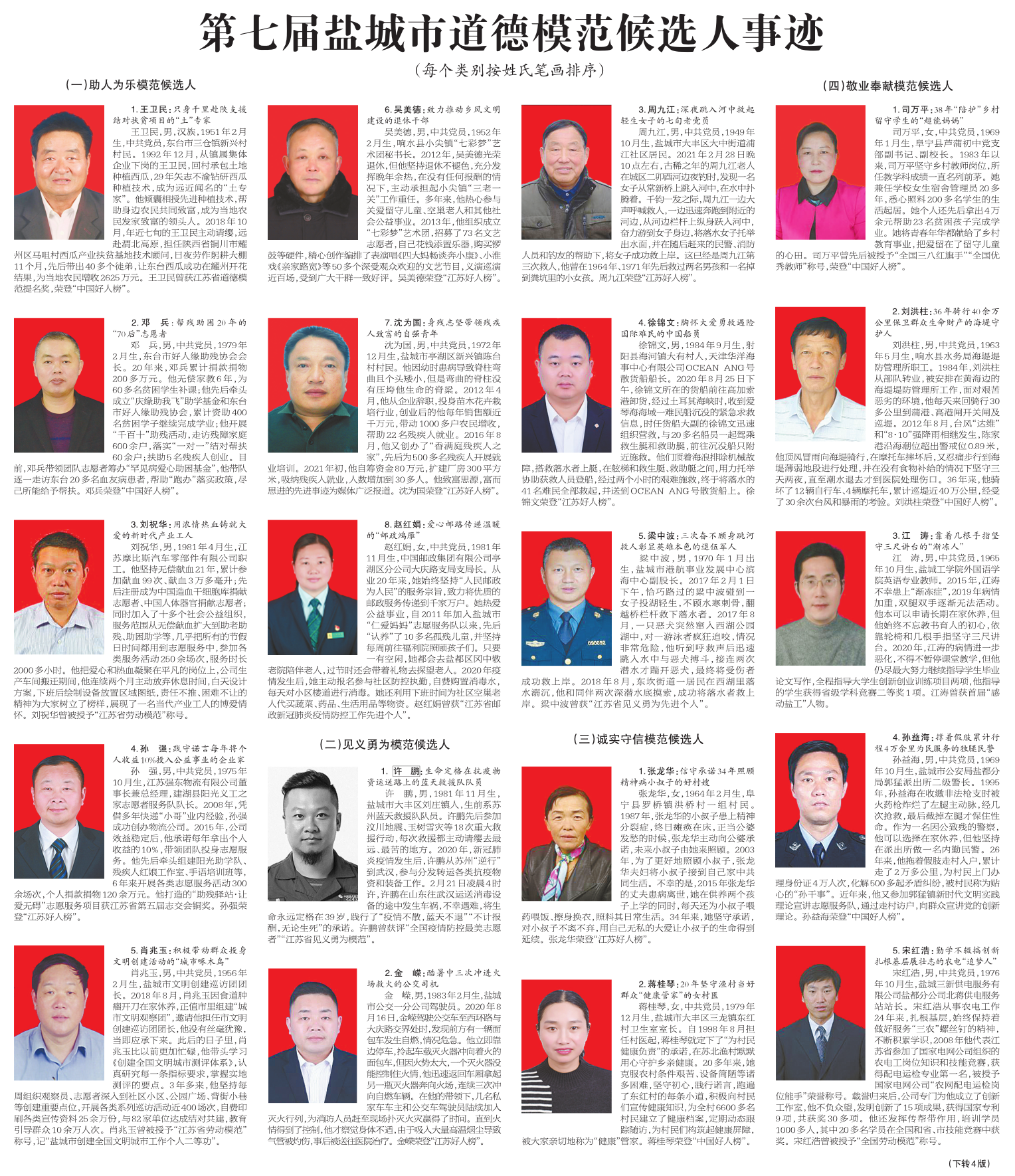 第七届盐城市道德模范候选人暨"精神文明建设十佳新事"候选事迹公示